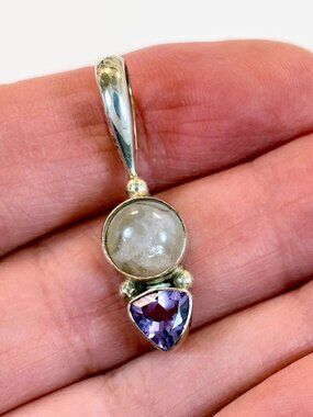 Vintage Pendant, Sajen, Designer, Sterling Silver, Moonstone, Amethyst